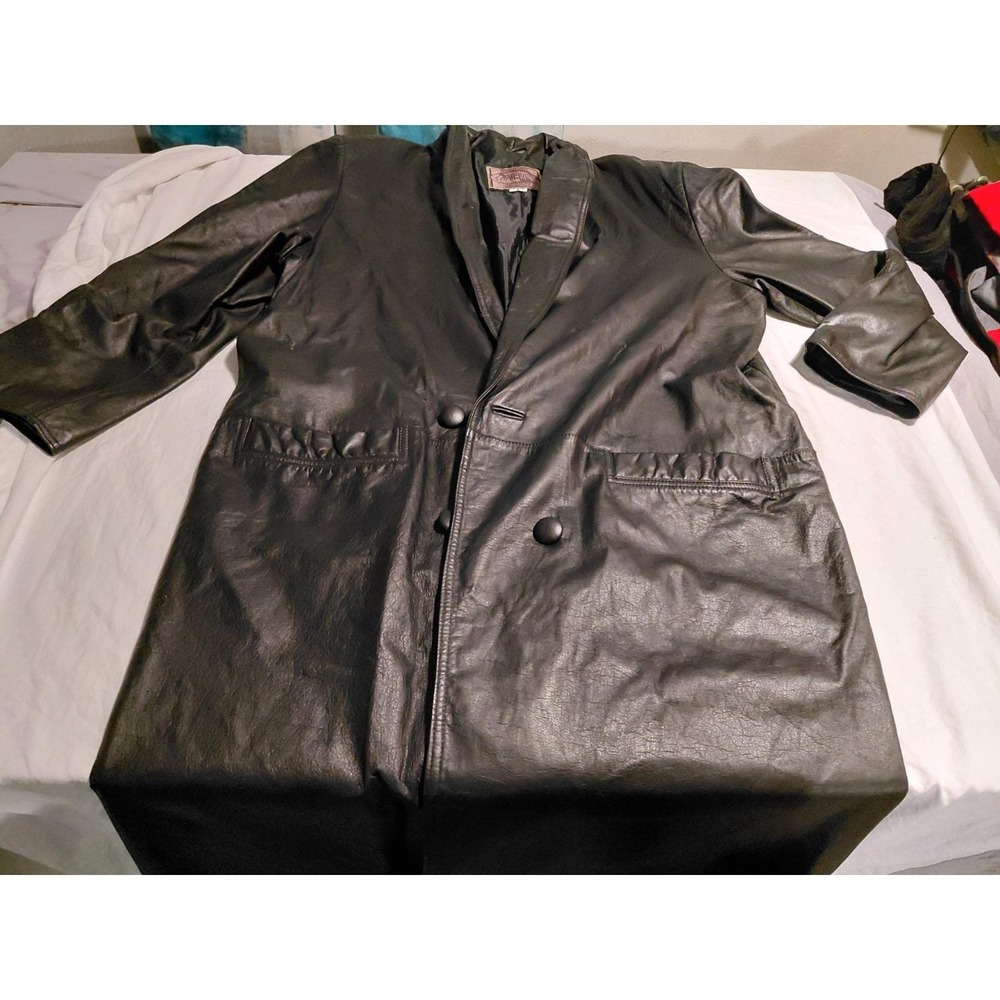 International Leather‎ Collection Womens Black Leather Trench Coat Jacket Large